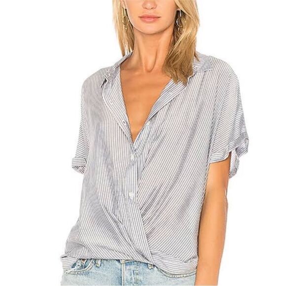 Revolve BCBGeneration Striped Button Down Wrap Hem Top Blouse Black and White - Picture 4 of 13